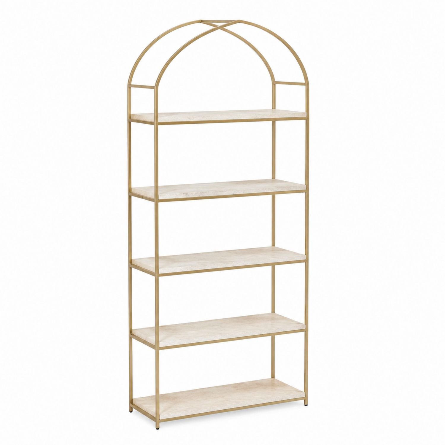 Arched Metal and Wood 5-Shelf Bookcase 176cm - Beige and Gold