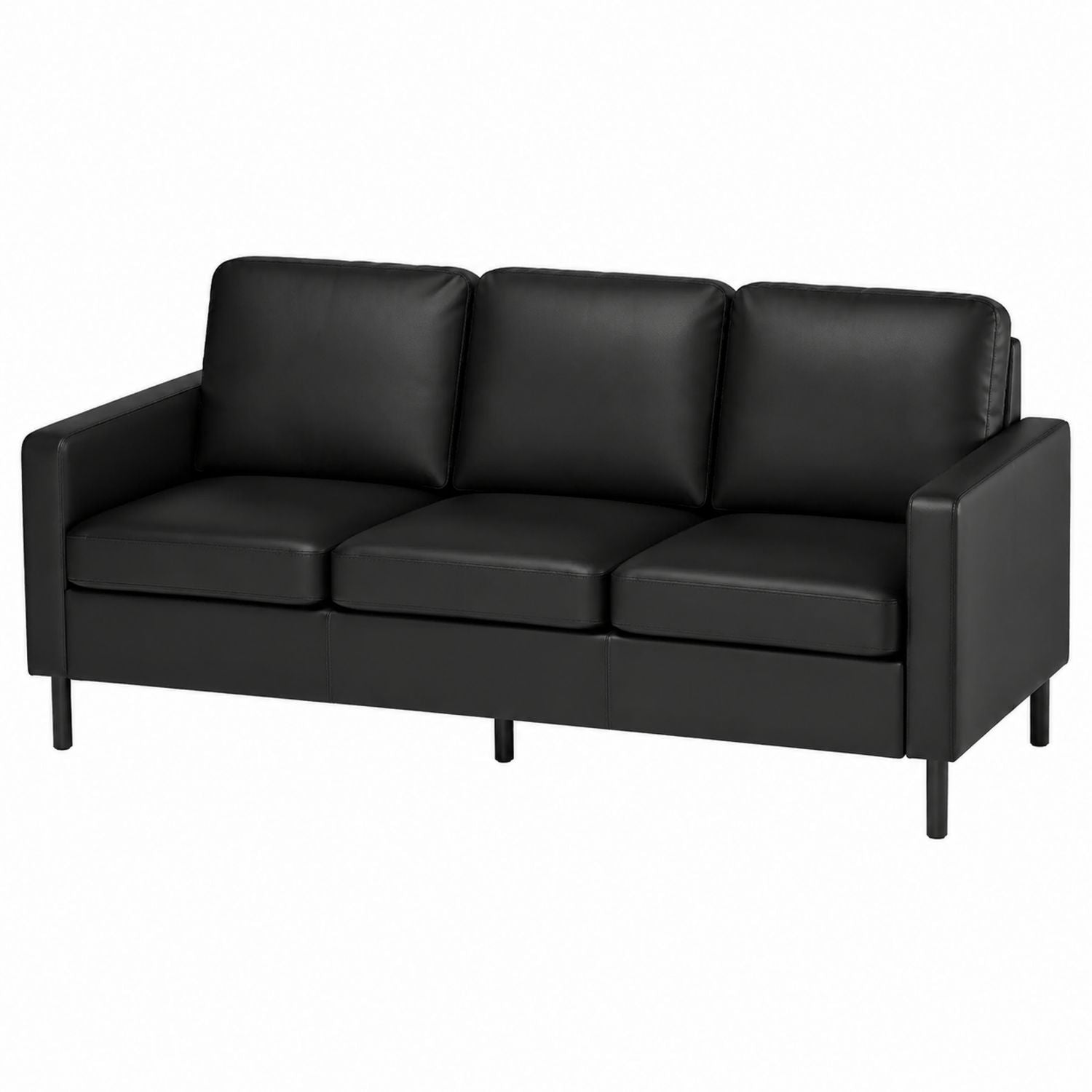 3-Seater Black Faux Leather Sofa with Steel Frame