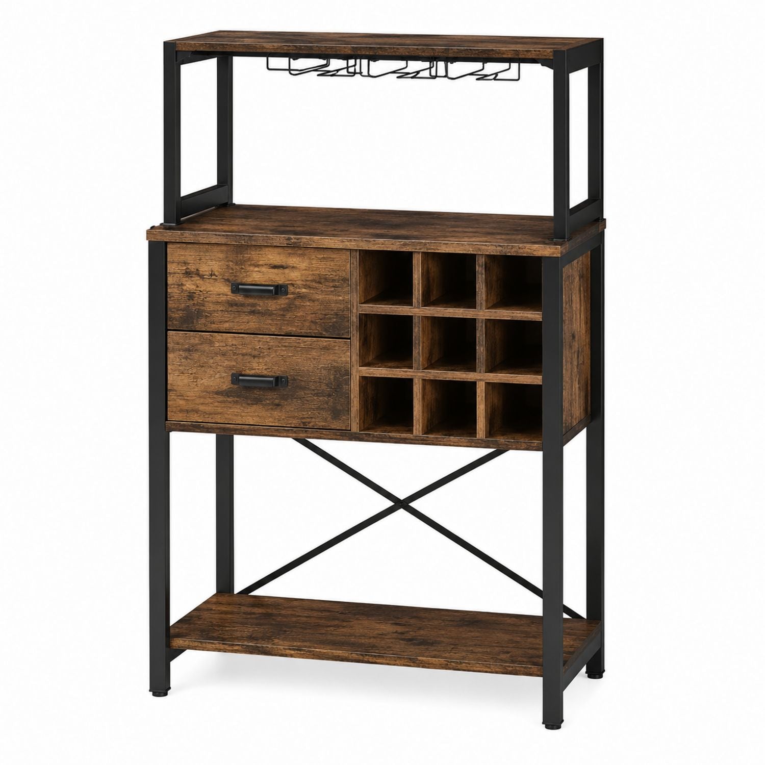 Industrial Wood and Metal Sideboard with Wine Rack and Storage Drawers