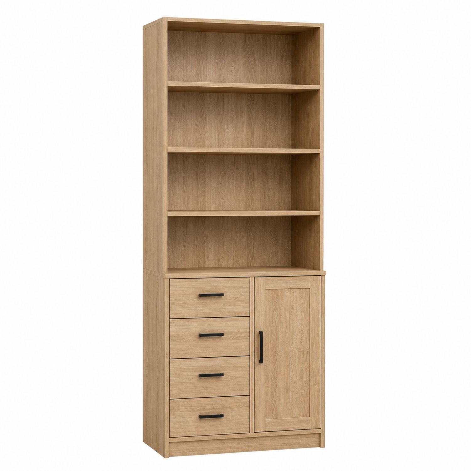 Oak Wood Bookcase with Shelves, Drawers, and Cabinet