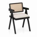 Wood Armchair with Rattan Back and Beige Polyester Cushion