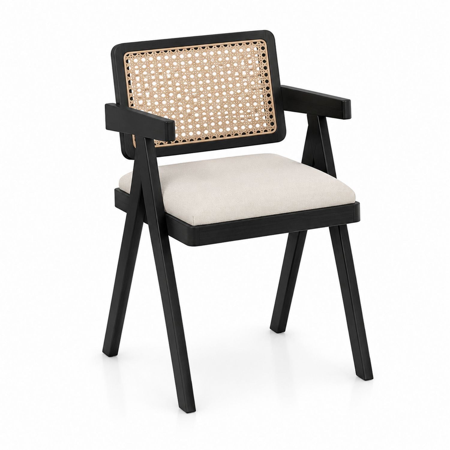 Wood Armchair with Rattan Back and Beige Polyester Cushion