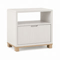 White MDF Nightstand with Open Shelf and Ribbed Drawer