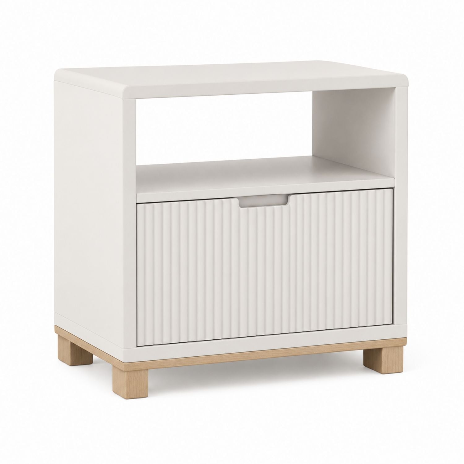 White MDF Nightstand with Open Shelf and Ribbed Drawer