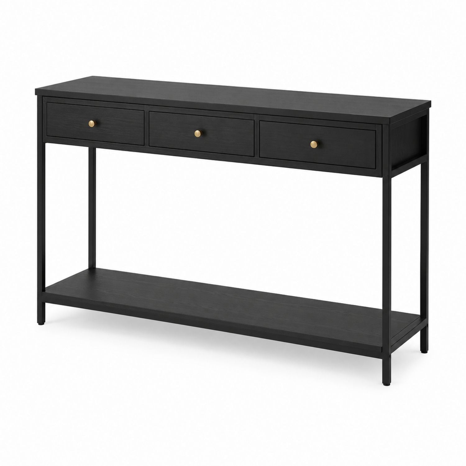 Black Wood Console Table with Metal Frame and Three Drawers 120cm