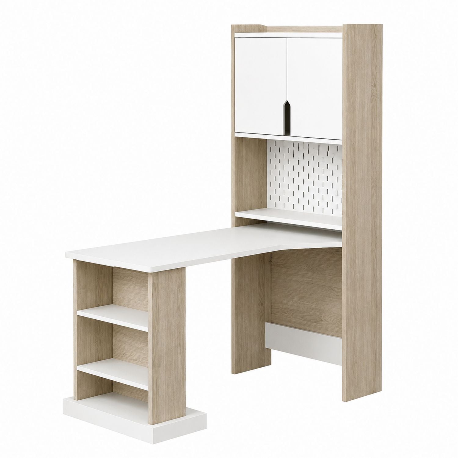 MDF Corner Desk with Hutch and Shelves, White Oak