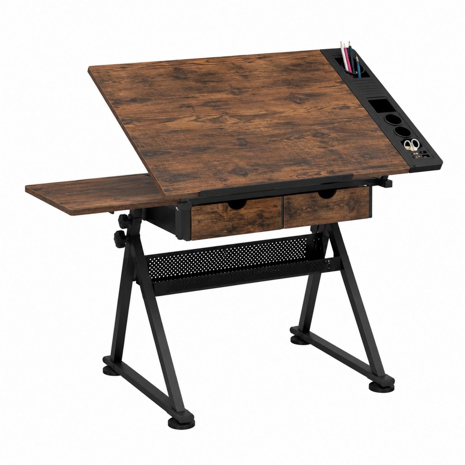 Wood Drawing Desk with Steel Base, Tiltable Surface and Storage