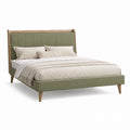 Queen Size Upholstered Bed with Oak Frame in Olive Green