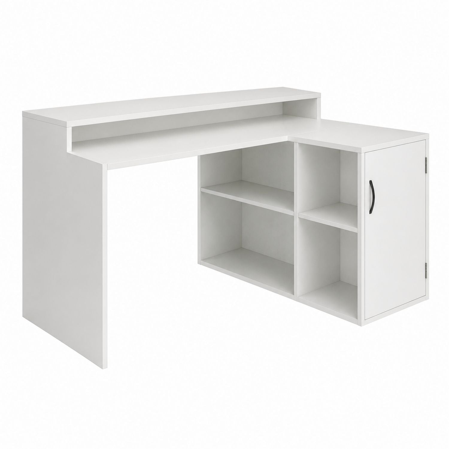 White L-Shaped Corner Desk with Shelving and Cabinet
