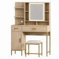 Oak Wood Vanity Set with LED Mirror and Stool