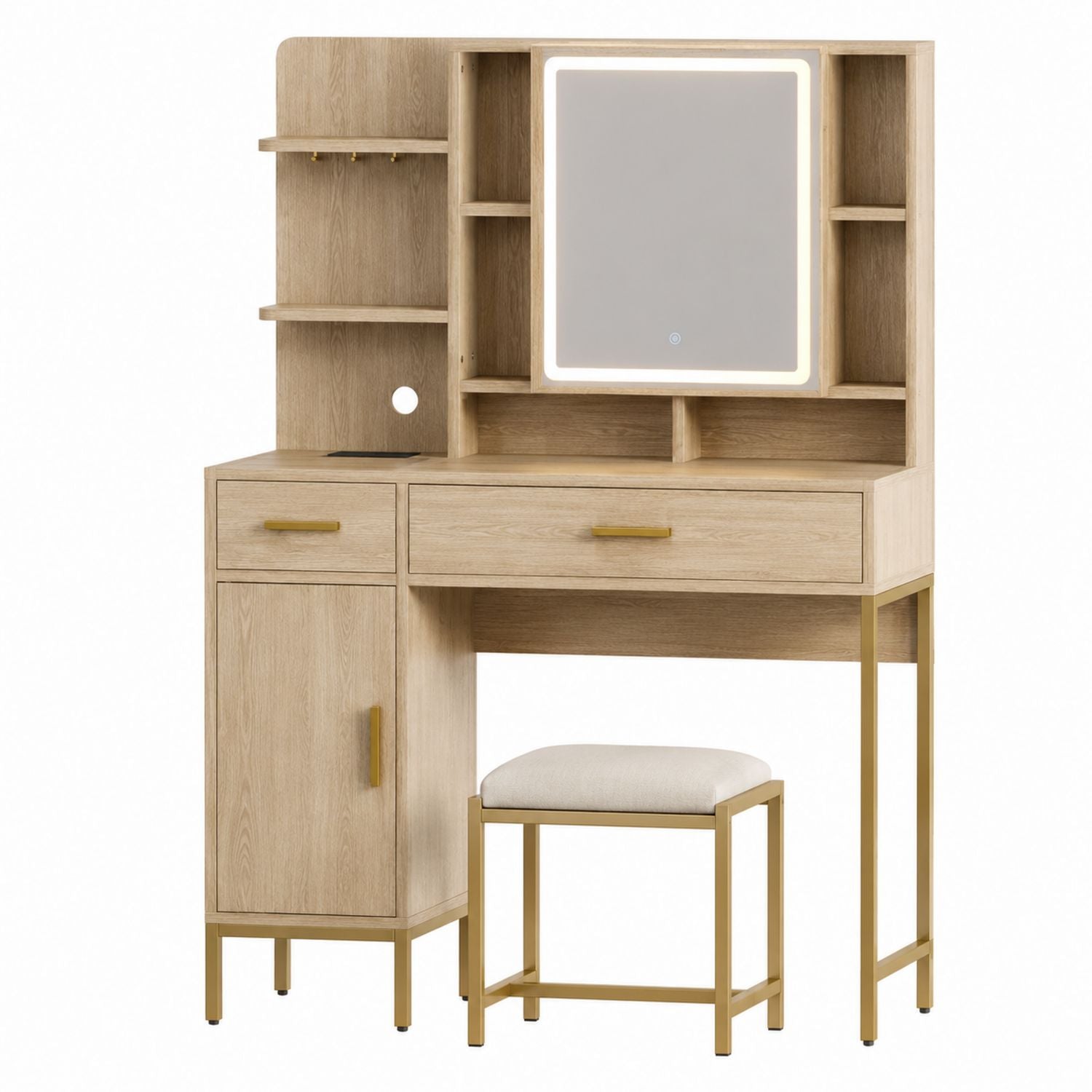 Oak Wood Vanity Set with LED Mirror and Stool