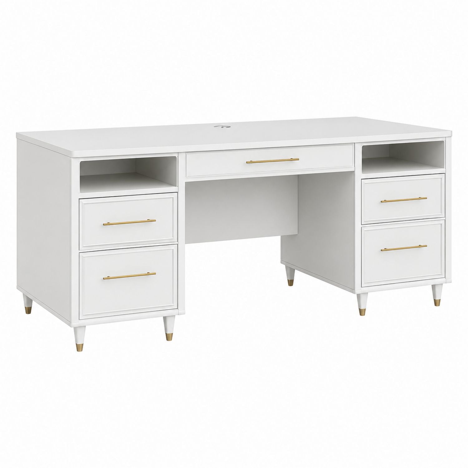 White MDF Desk with Gold Metal Handles and Storage Drawers