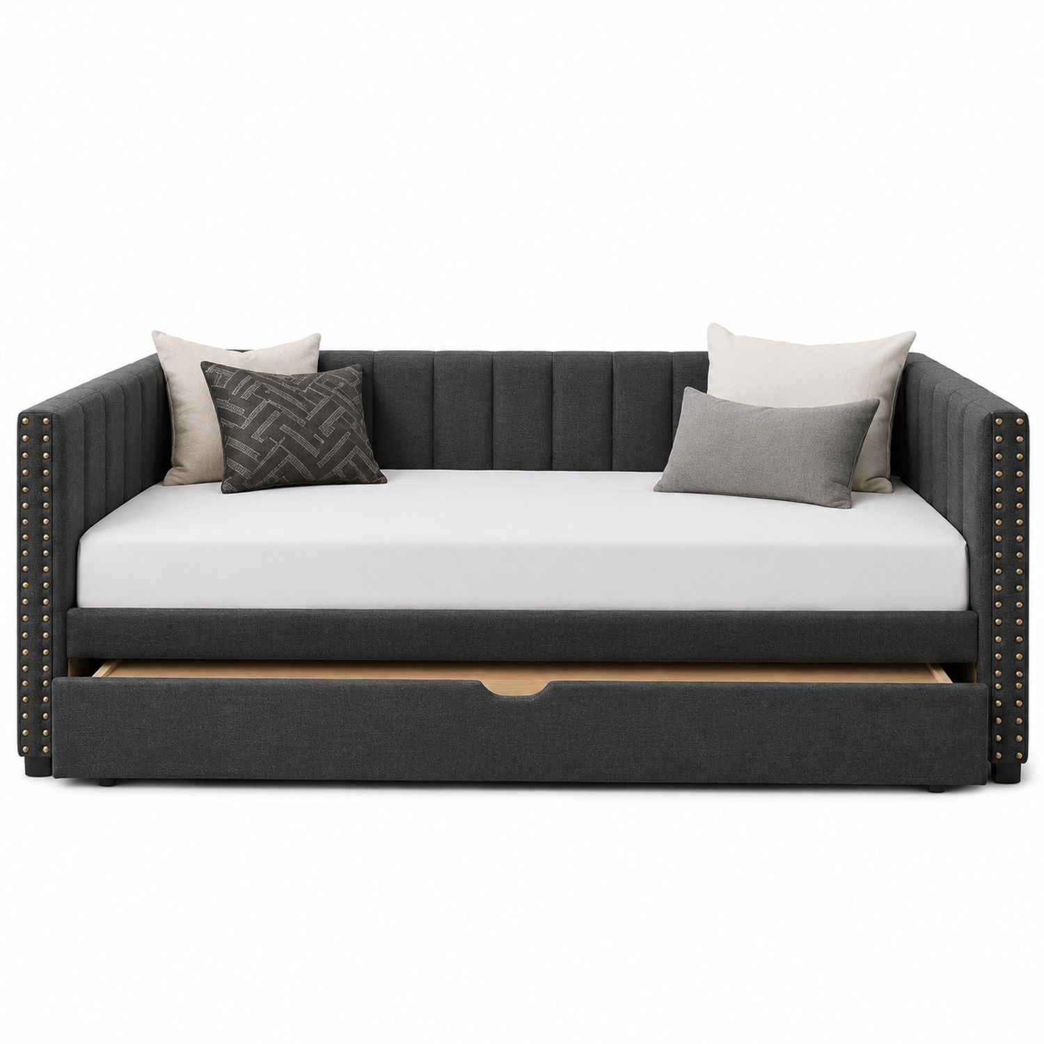 Linen Fabric Upholstered Daybed with Trundle Gray 203x99x87cm