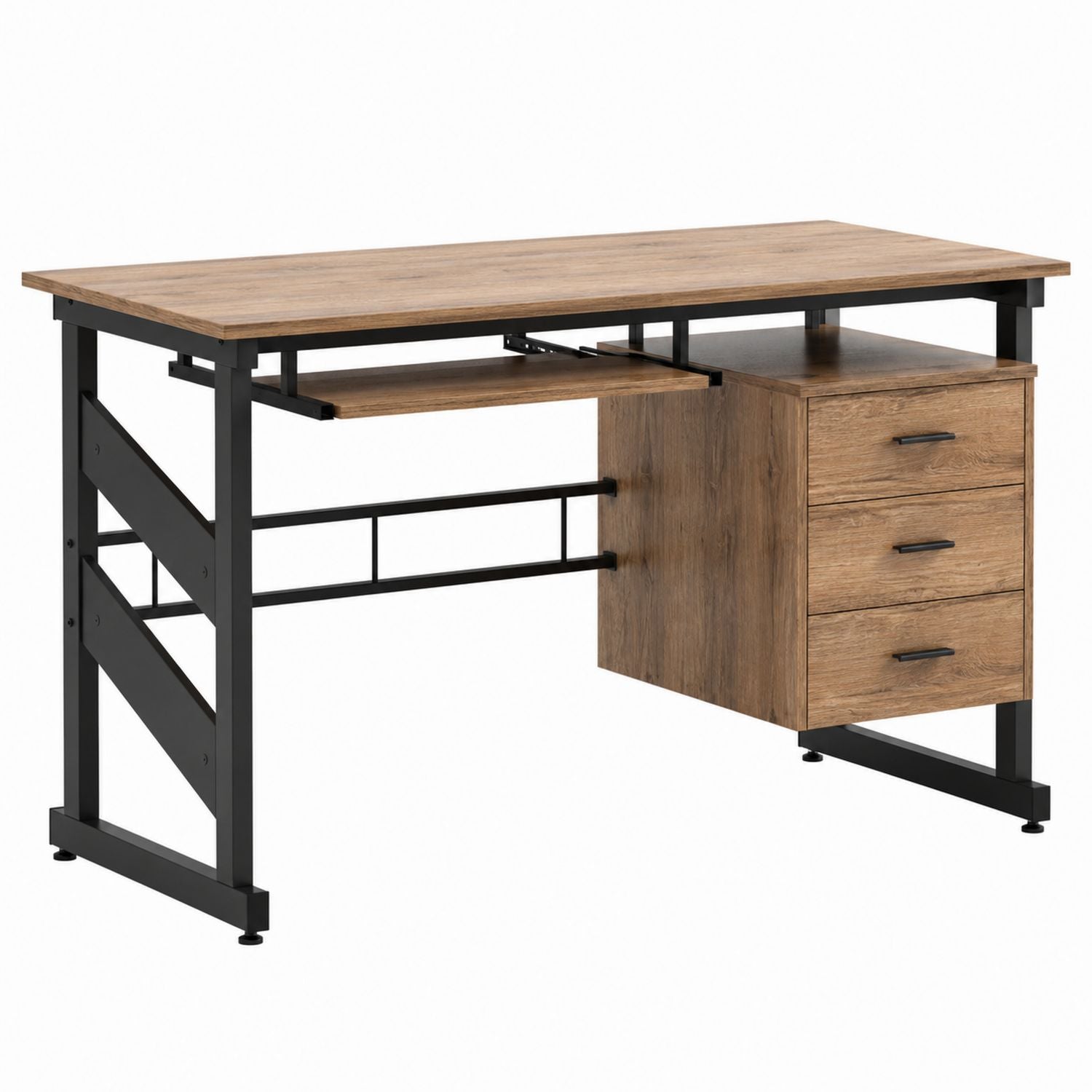 Wood Office Desk with Metal Frame and Three Drawers