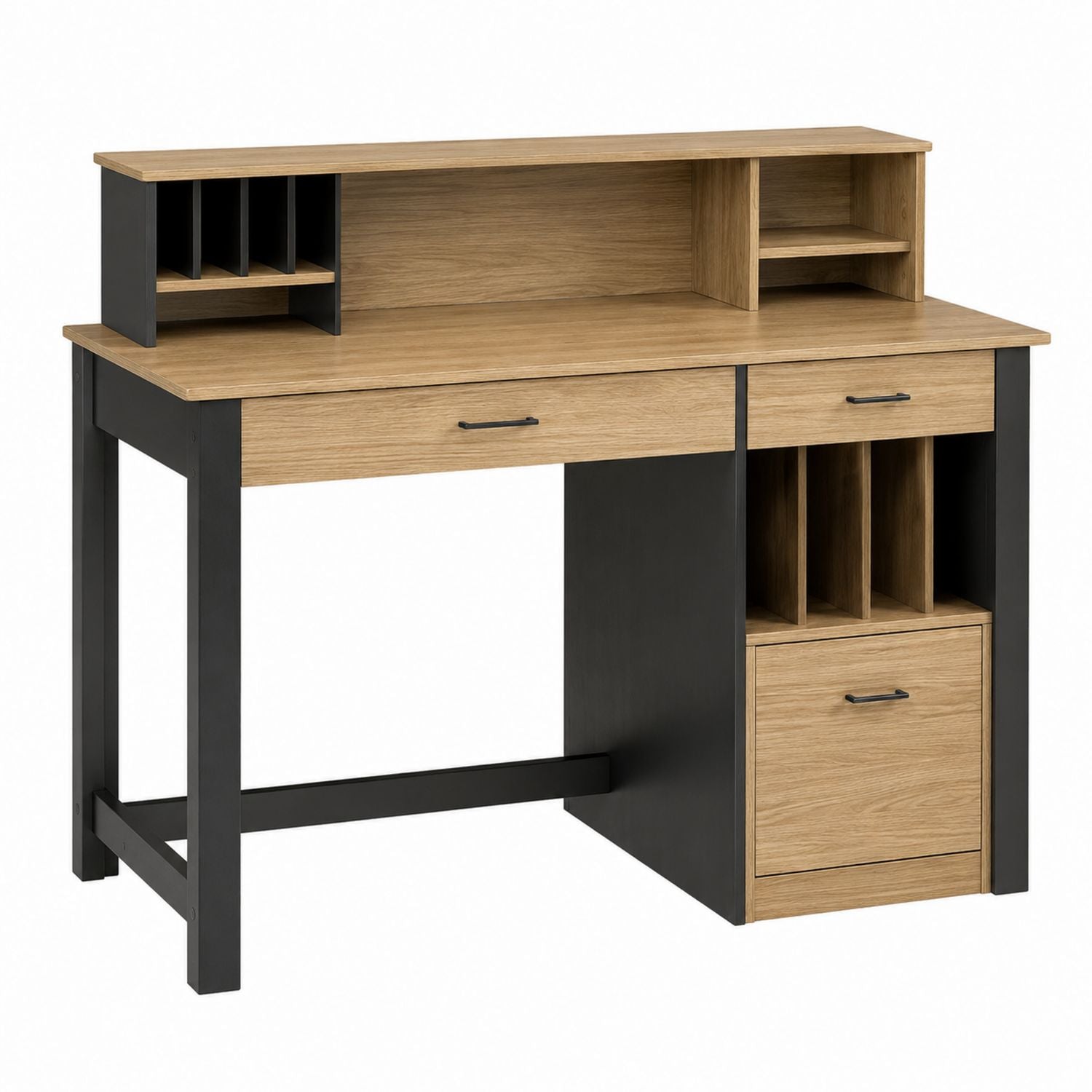 Wood Office Desk with Storage Shelves and Drawers Oak/Black 120cm