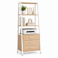 Ladder Bookshelf and Storage Cabinet MDF and Steel Frame White and Oak Finish 4-Tier 3-Drawer