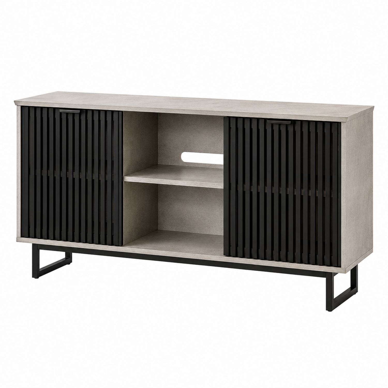 Modern TV Stand with Concrete Finish and Black Slatted MDF Doors, 152.4cm