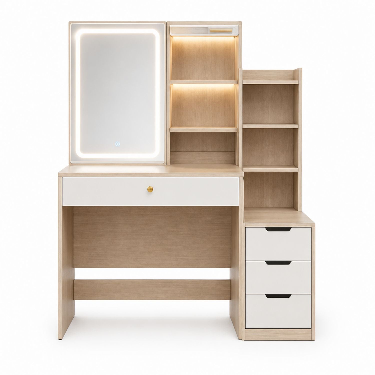 Vanity Set with LED Mirror and Shelves Solid Oak/White 150cm