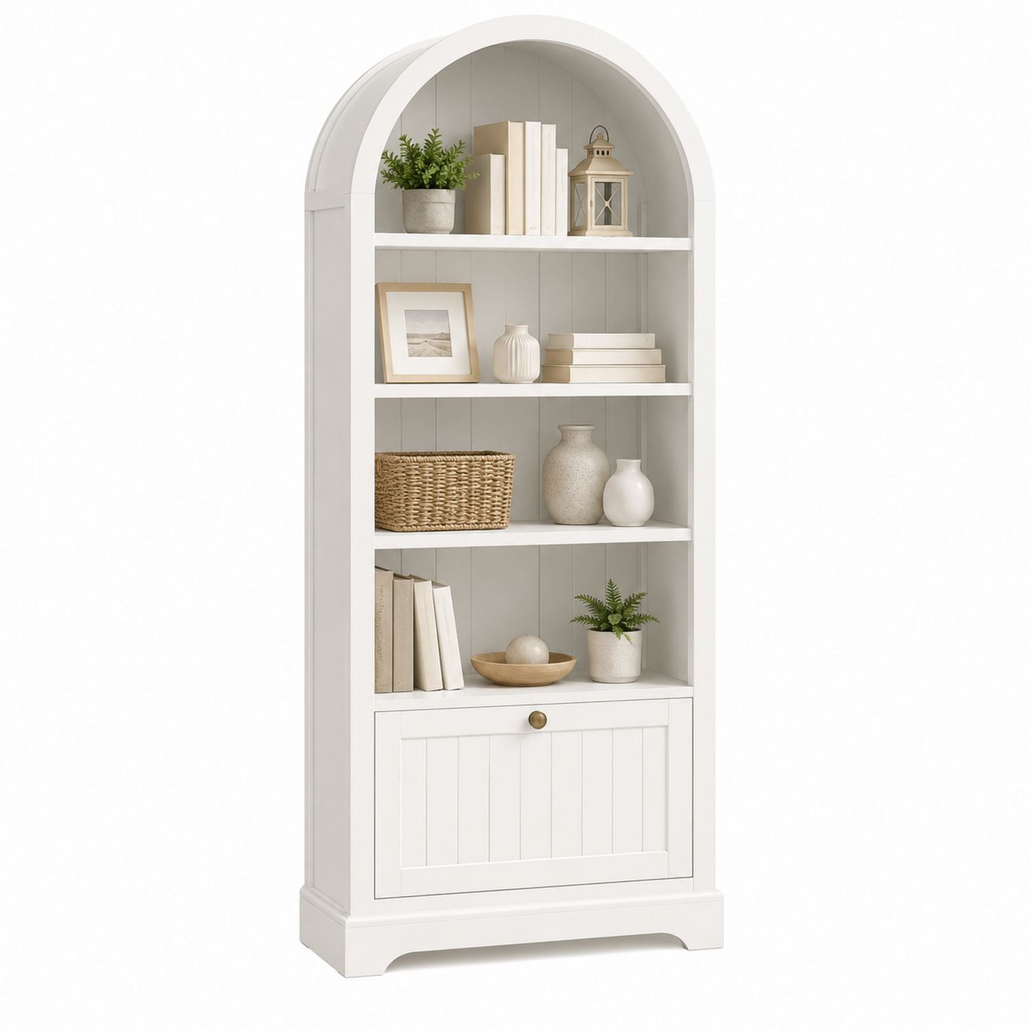 White MDF Arch Bookcase with Cabinet 180cm