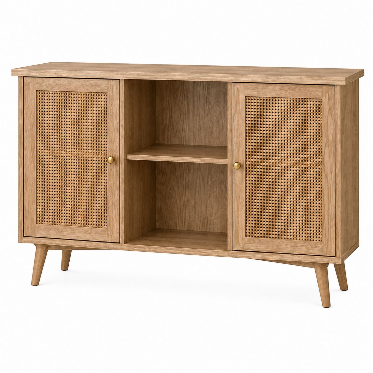 Wooden Sideboard Cabinet with Rattan Doors and Storage Shelves 120cm Natural Oak