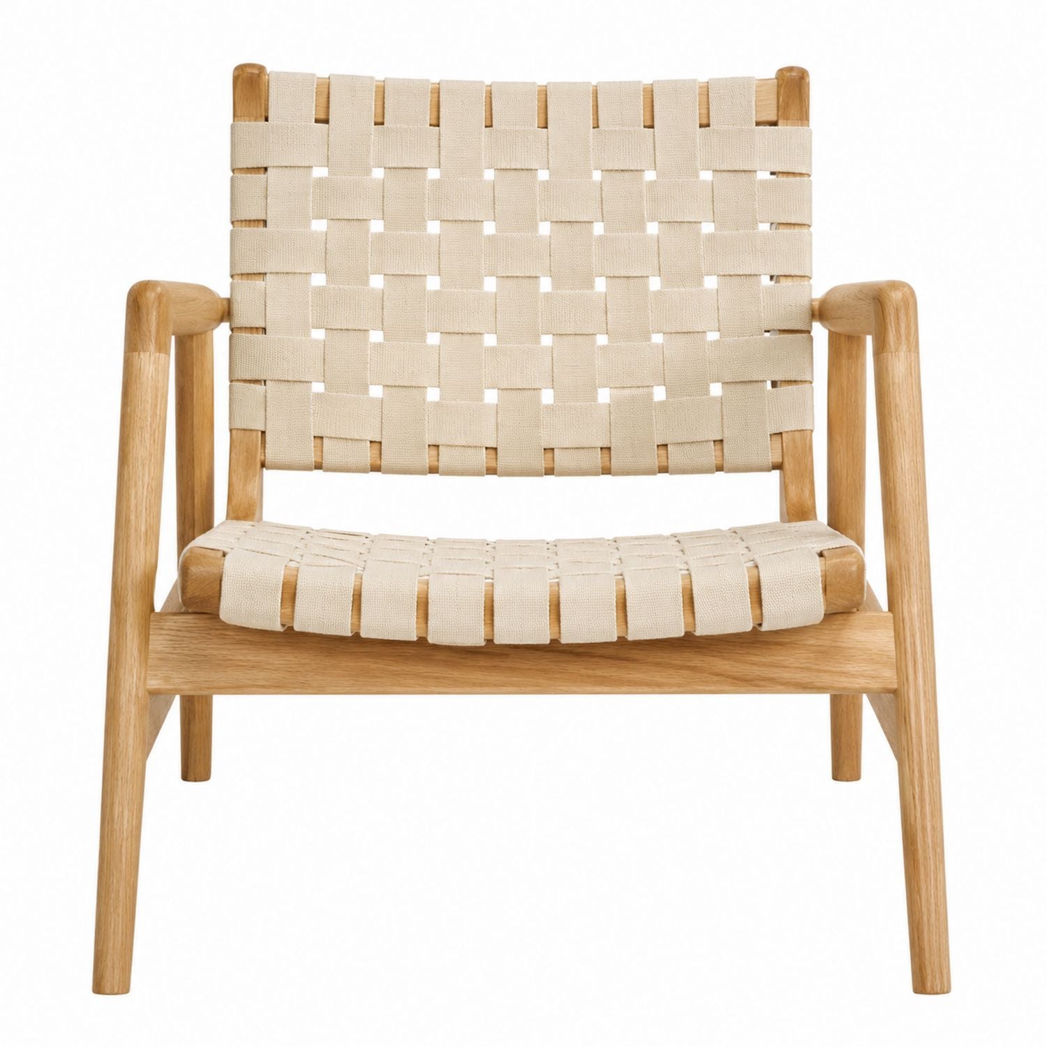 Solid Oak Frame Woven Cotton Lounge Chair Beige